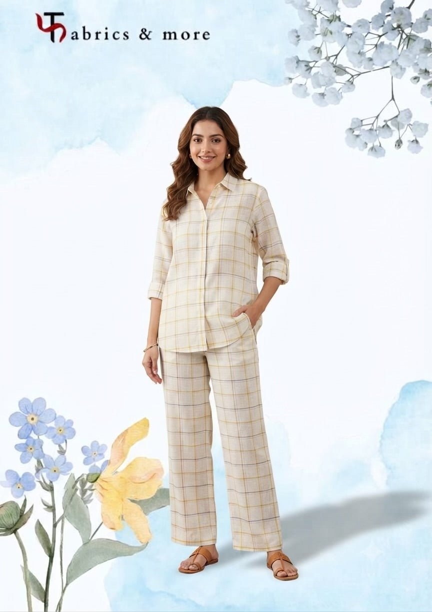 Premium Off-White 100%Pure Linen 60 Lea Fabric with Yellow & Multicolour Checks (0% Cotton)