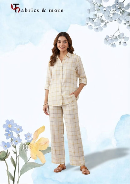 Premium Off-White 100%Pure Linen 60 Lea Fabric with Yellow & Multicolour Checks (0% Cotton)