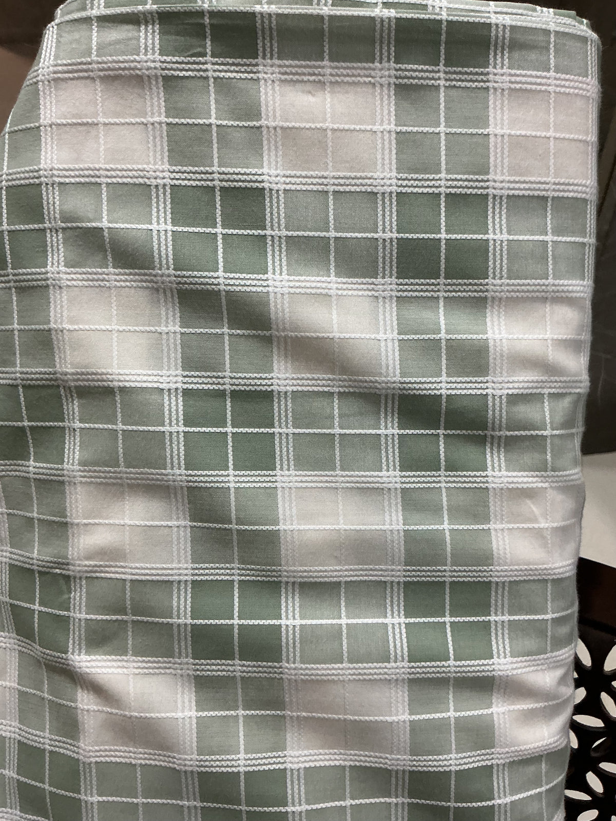 Sage Green & White Checkered 100% Cotton Shirt Fabric - close-up of weave and texture