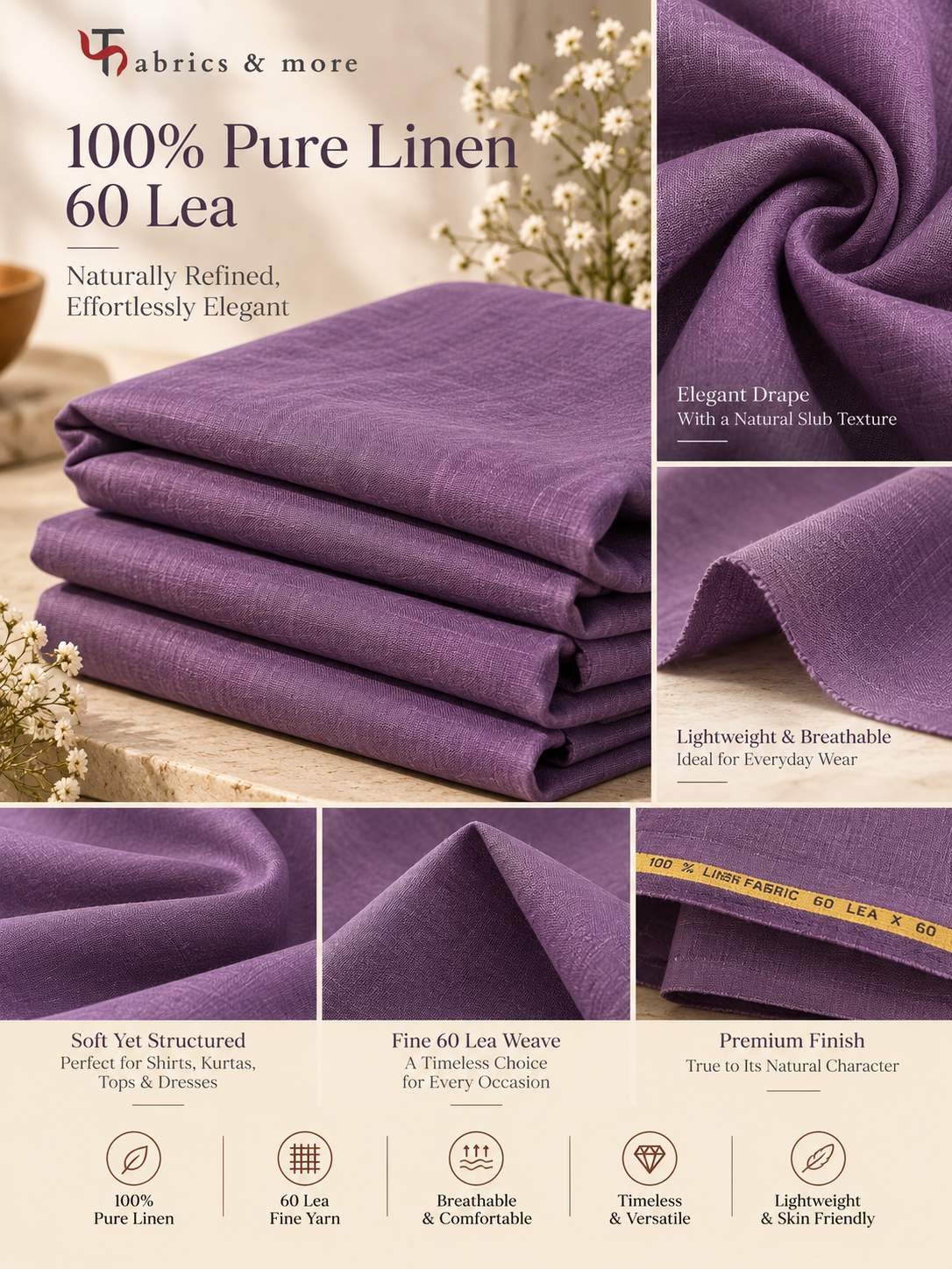 Premium Mauve Purple 100% Pure Linen Fabric-60 Lea (No Cotton)

Naturally Luxurious. Elegantly Textured. Timelessly Sophisticated.
