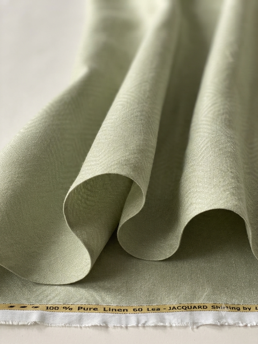 Pistachio Green 100% Pure Linen Jacquard Shirting Fabric – 60 Lea (0% Cotton)