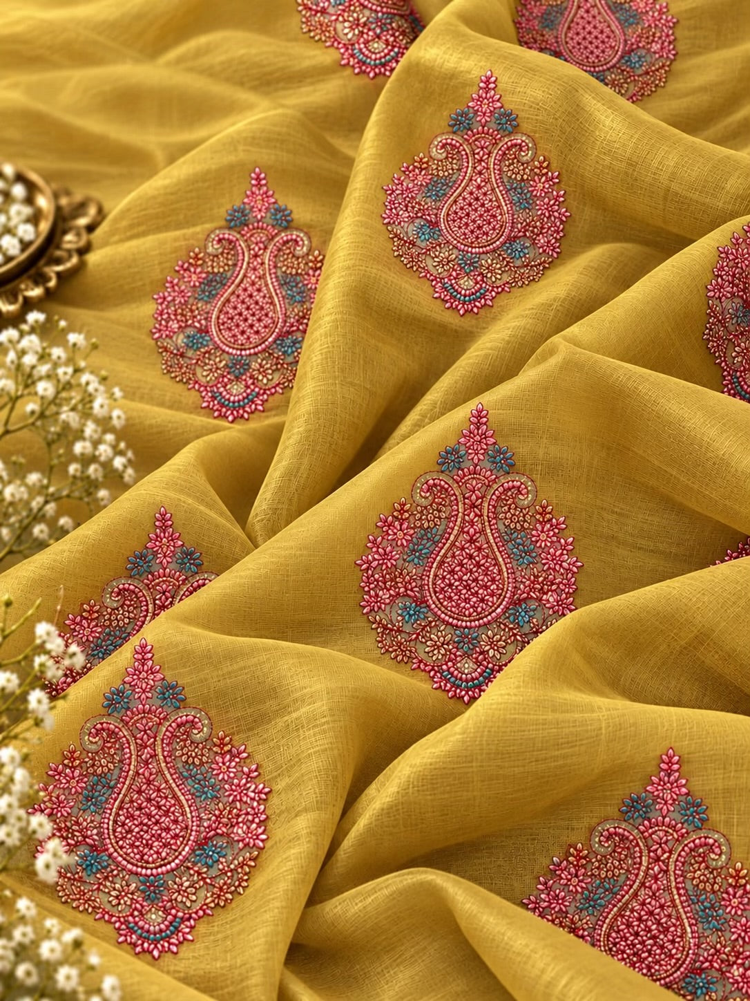 Kashmiri Butta Embroidered Chanderi Fabric Musterd yellow Gold