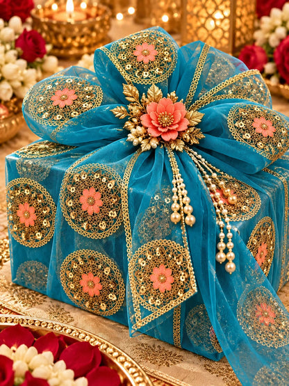 Firozi Blue Embroidered Net Fabric with Golden Dori, Sequins & Peach Thread Work