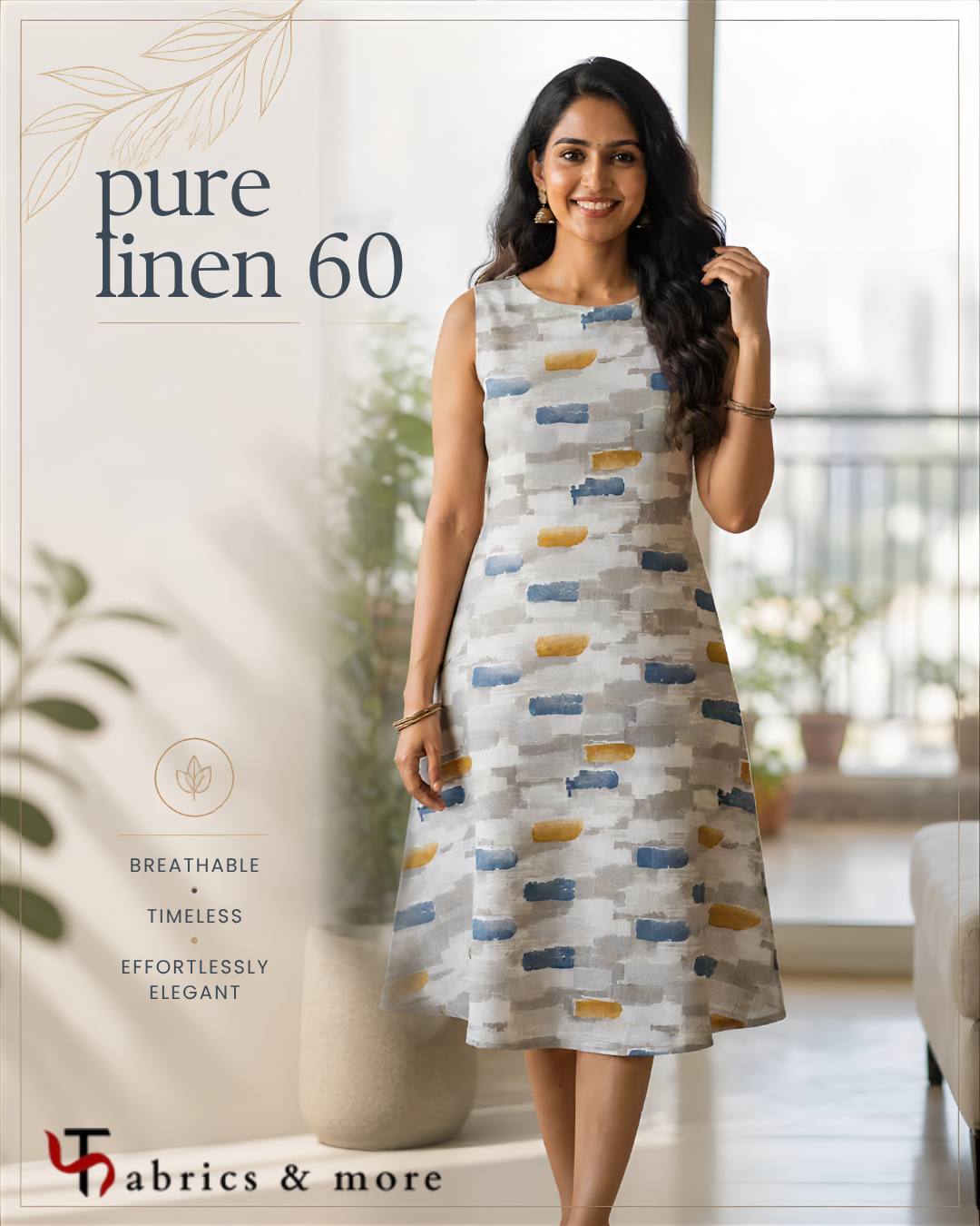 Blue & Mustard Abstract Brush Stroke Printed 100% Pure Linen Fabric 60 lea(0% Cotton)