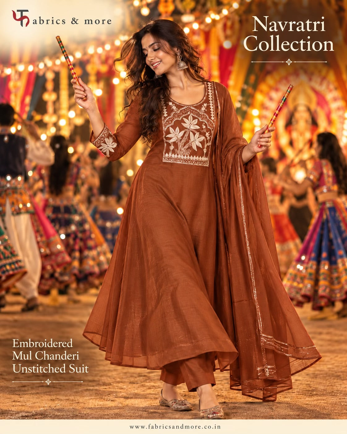Rust Brown ,Create-Your-Own Anarkali Suit *Combo – Embroidered Neckline + 2 Sleeves + 3 Mtr Mul Chanderi (58")*