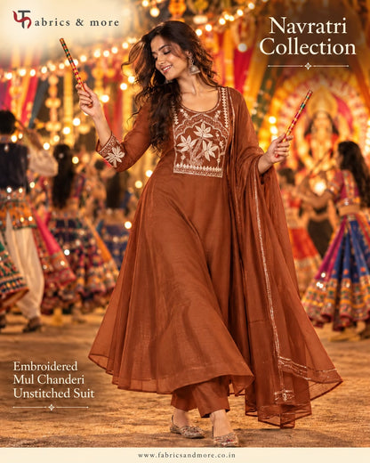 Rust Brown ,Create-Your-Own Anarkali Suit *Combo – Embroidered Neckline + 2 Sleeves + 3 Mtr Mul Chanderi (58")*