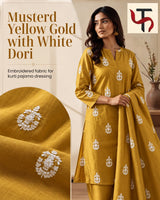 Mustard Yellow Gold Chanderi Fabric with White Dori Motif Embroidery