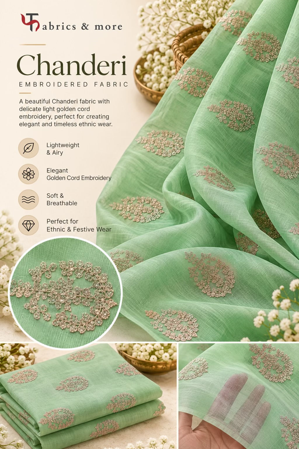 Mint Green Chanderi Fabric with Delicate Golden Cord Embroidery