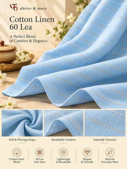 Sky Blue Cotton Linen 60 Lea Fabric with Subtle Beige Stripes