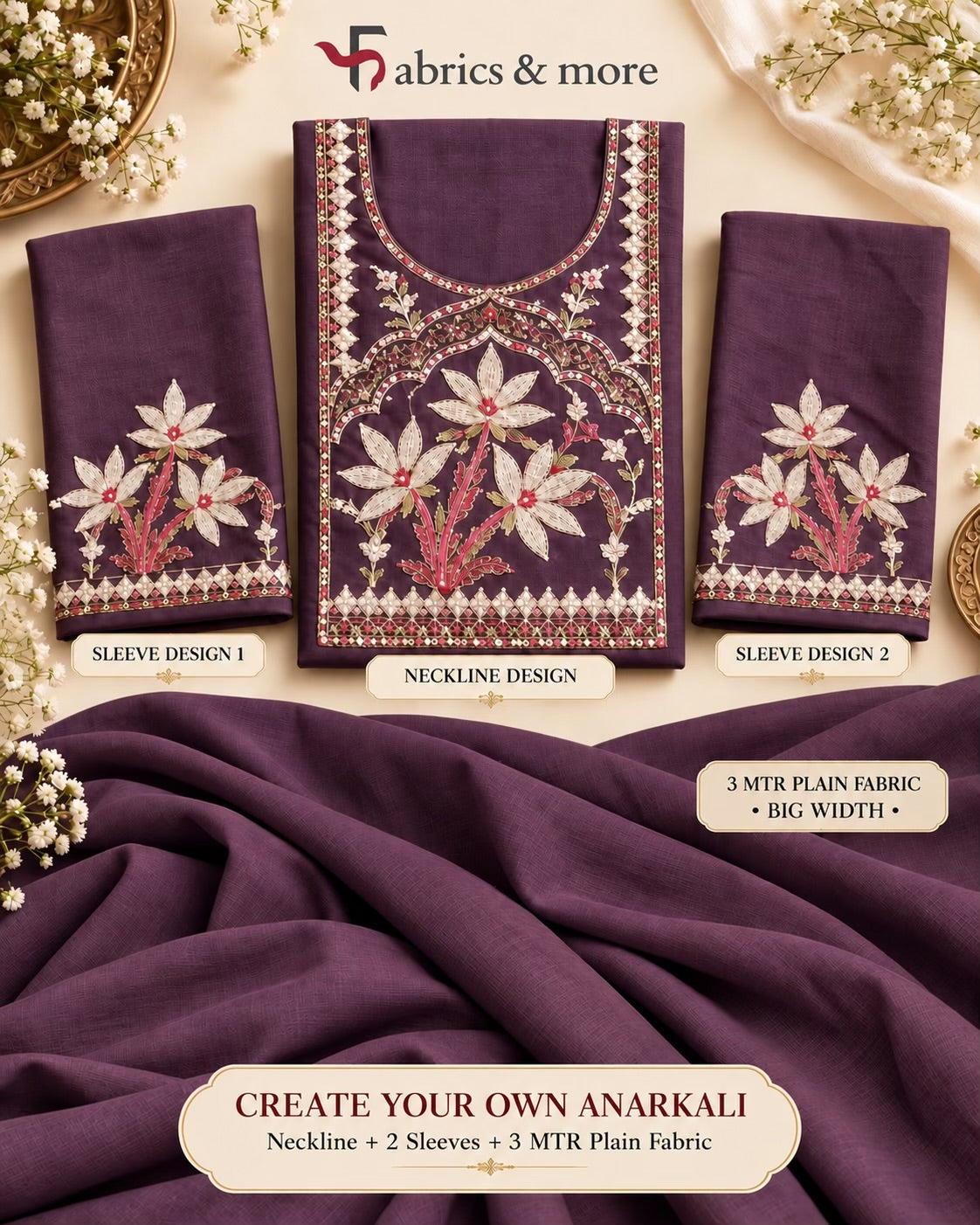 Royal Plum Create-Your-Own Anarkali Suit *Combo – Embroidered Neckline + 2 Sleeves + 3 Mtr Mul Chanderi (58")* (Copy)