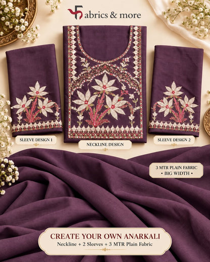 Royal Plum Create-Your-Own Anarkali Suit *Combo – Embroidered Neckline + 2 Sleeves + 3 Mtr Mul Chanderi (58")* (Copy)