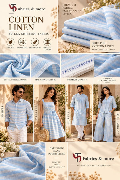 Sky Blue & White Stripes 60 Lea Cotton Linen Fabric