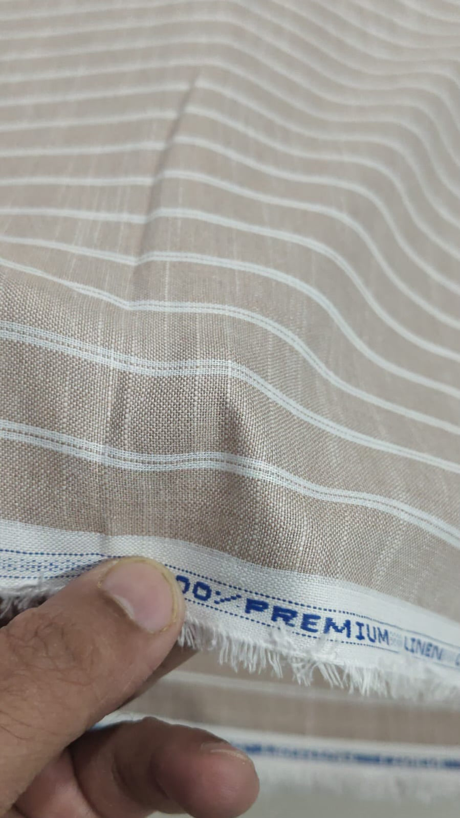 Premium Taupe Beige Cotton Linen 60 Lea Fabric with White Stripes