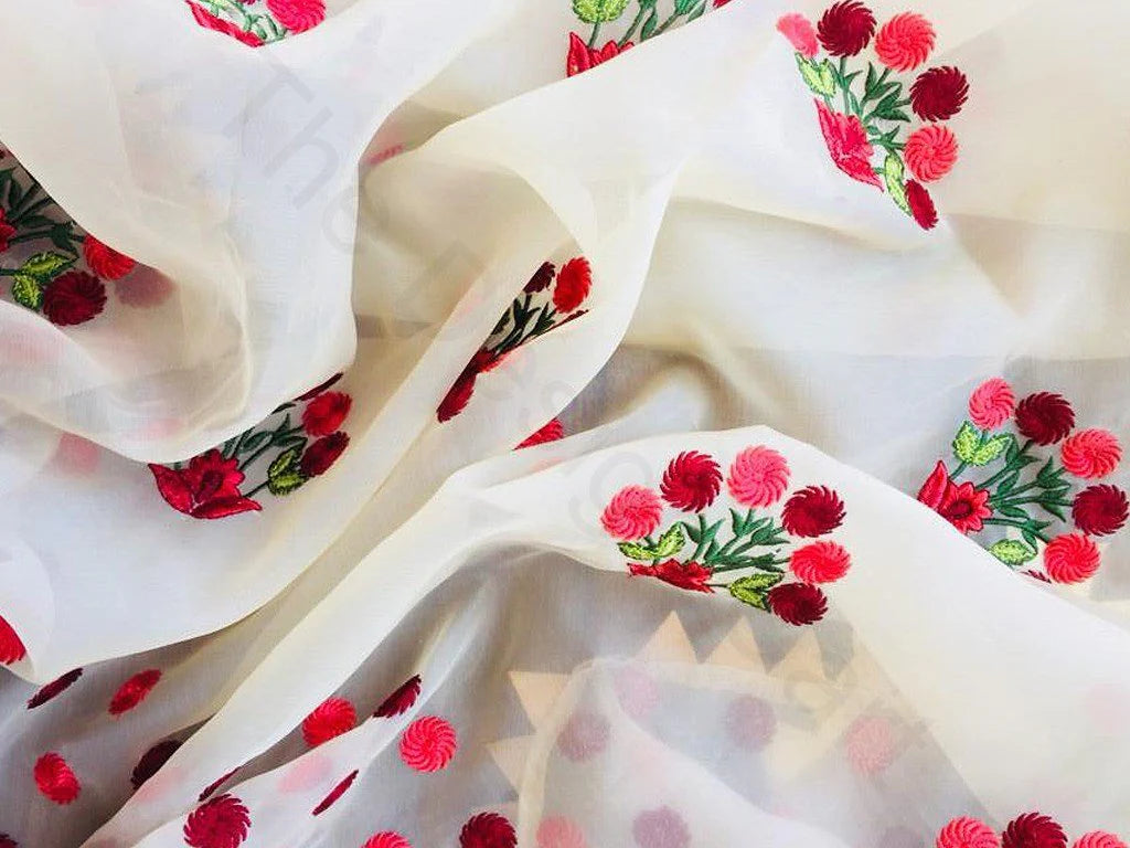 Off White Flower Design 9 Embroidered Organza Fabric