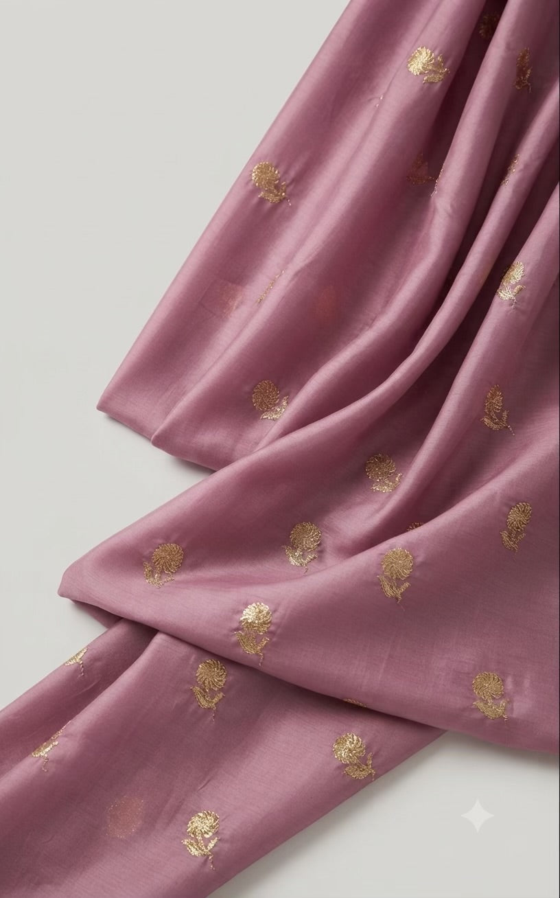 Mauve Dusty Purple Malai Chanderi Fabric with Light Golden Jari Embroidery