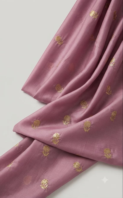 Mauve Dusty Purple Malai Chanderi Fabric with Light Golden Jari Embroidery