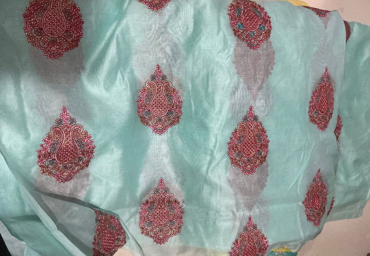 Kashmiri Butta Embroidered Chanderi Fabric Mint Blue Base
