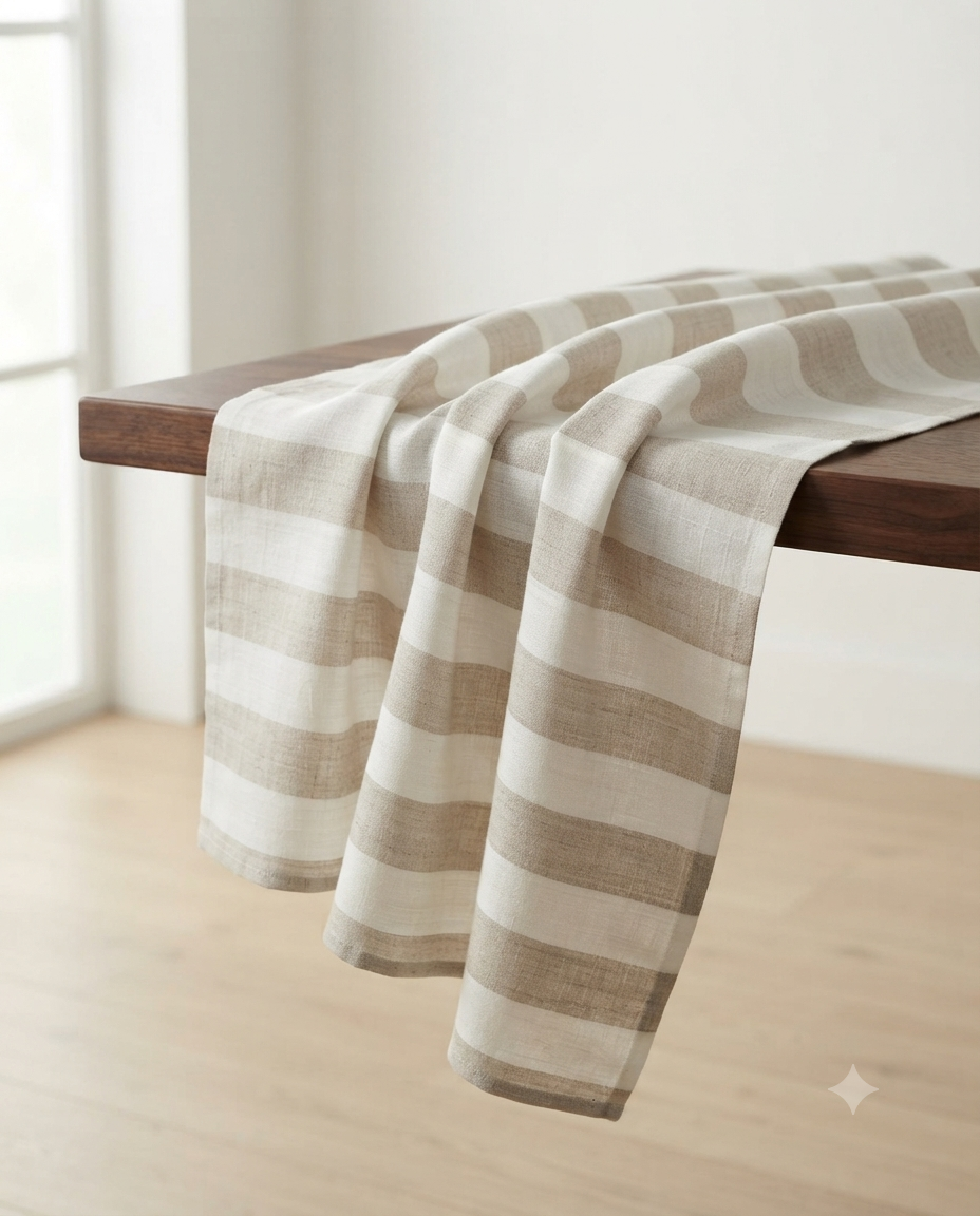 Classic Neutral Striped 100% Pure Linen Fabric (60 Lea, No Cotton)