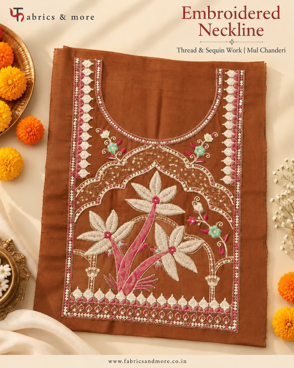 Rust Brown ,Create-Your-Own Anarkali Suit *Combo – Embroidered Neckline + 2 Sleeves + 3 Mtr Mul Chanderi (58")*