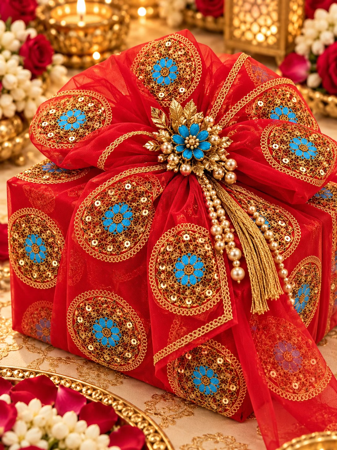 Gajari Embroidered Net Fabric with Golden Dori, Sequins & Turquoise Thread Work