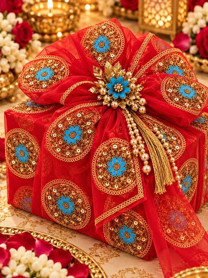 Gajari Embroidered Net Fabric with Golden Dori, Sequins & Turquoise Thread Work