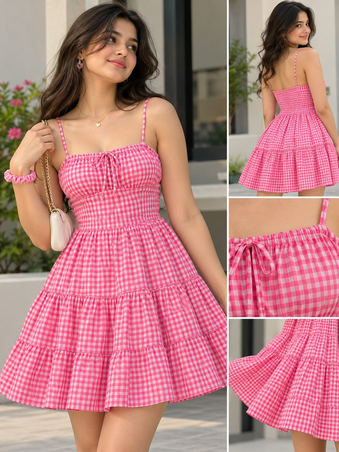 Pink & White Checked Spun Fabric