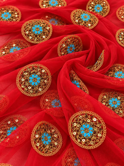 Gajari Embroidered Net Fabric with Golden Dori, Sequins & Turquoise Thread Work