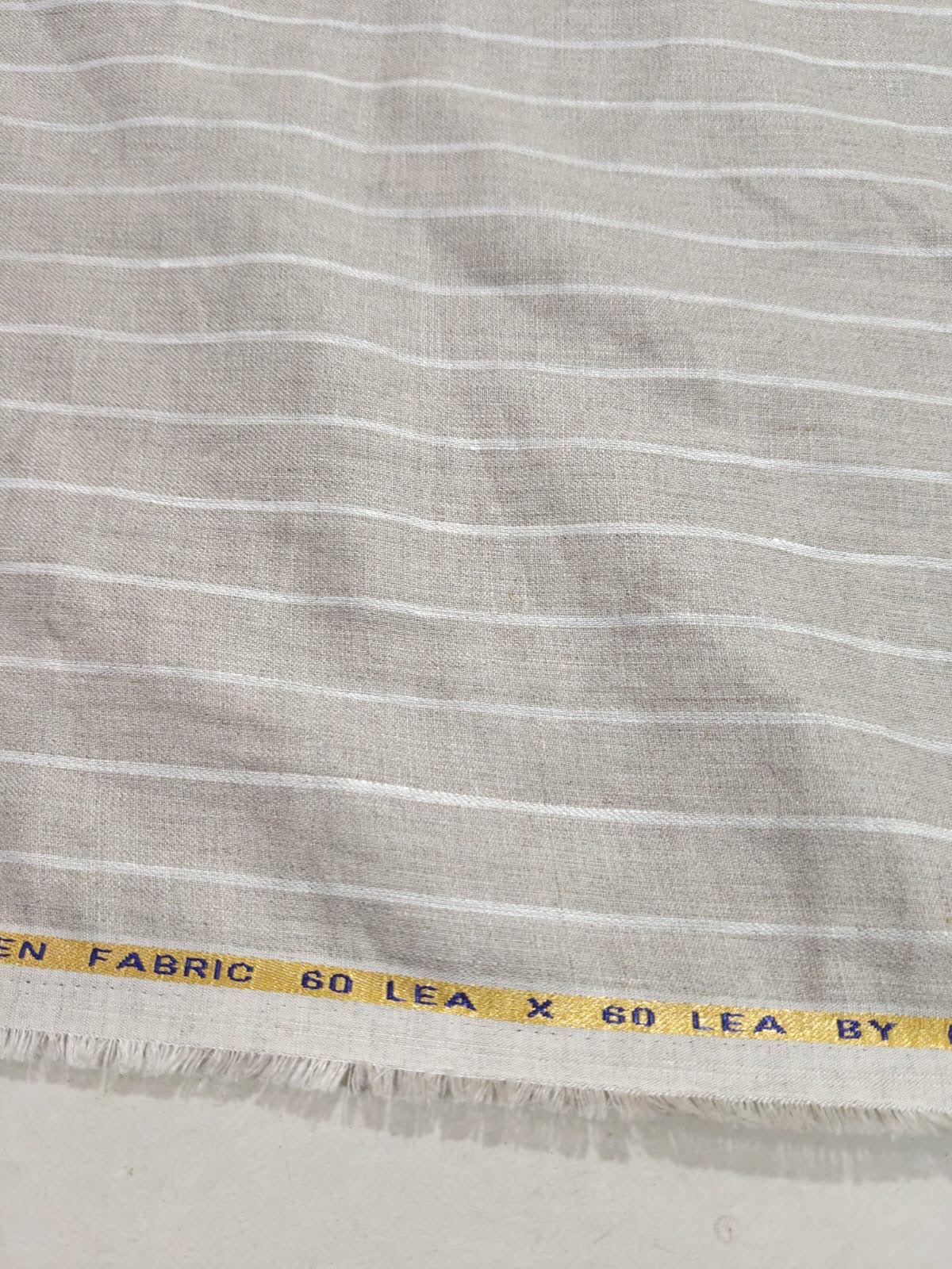 Premium Natural Grey 100%Pure Linen 60 Lea Fabric with White Stripes (0% Cotton)