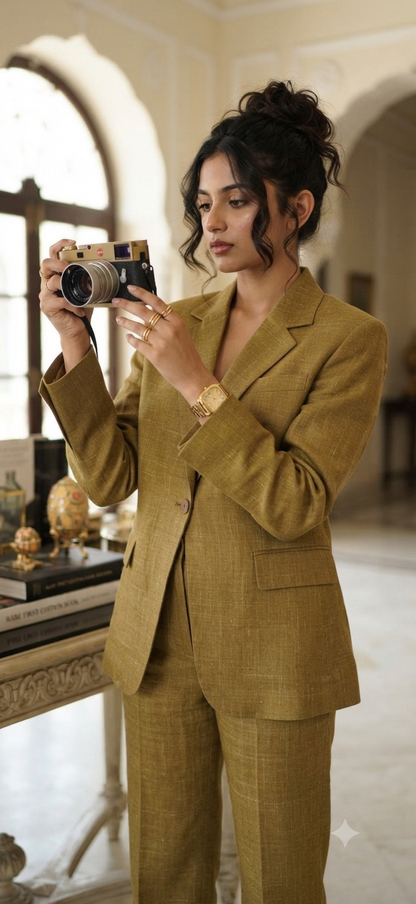 Rich Golden Olive Pure 100% Pure Linen Fabric for Blazers, Jackets and Pants (44 lea) (0% Cotton)