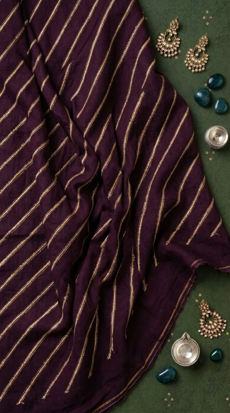 Royal Plum Chanderi Fabric with Light Golden Faux Gotta Patti Work