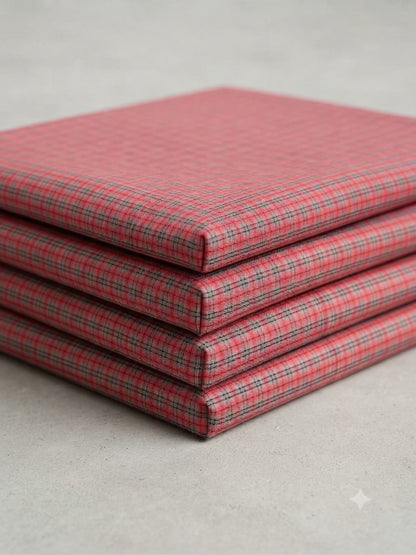 Coral Red Grey Micro Check Spun Poly Fabric