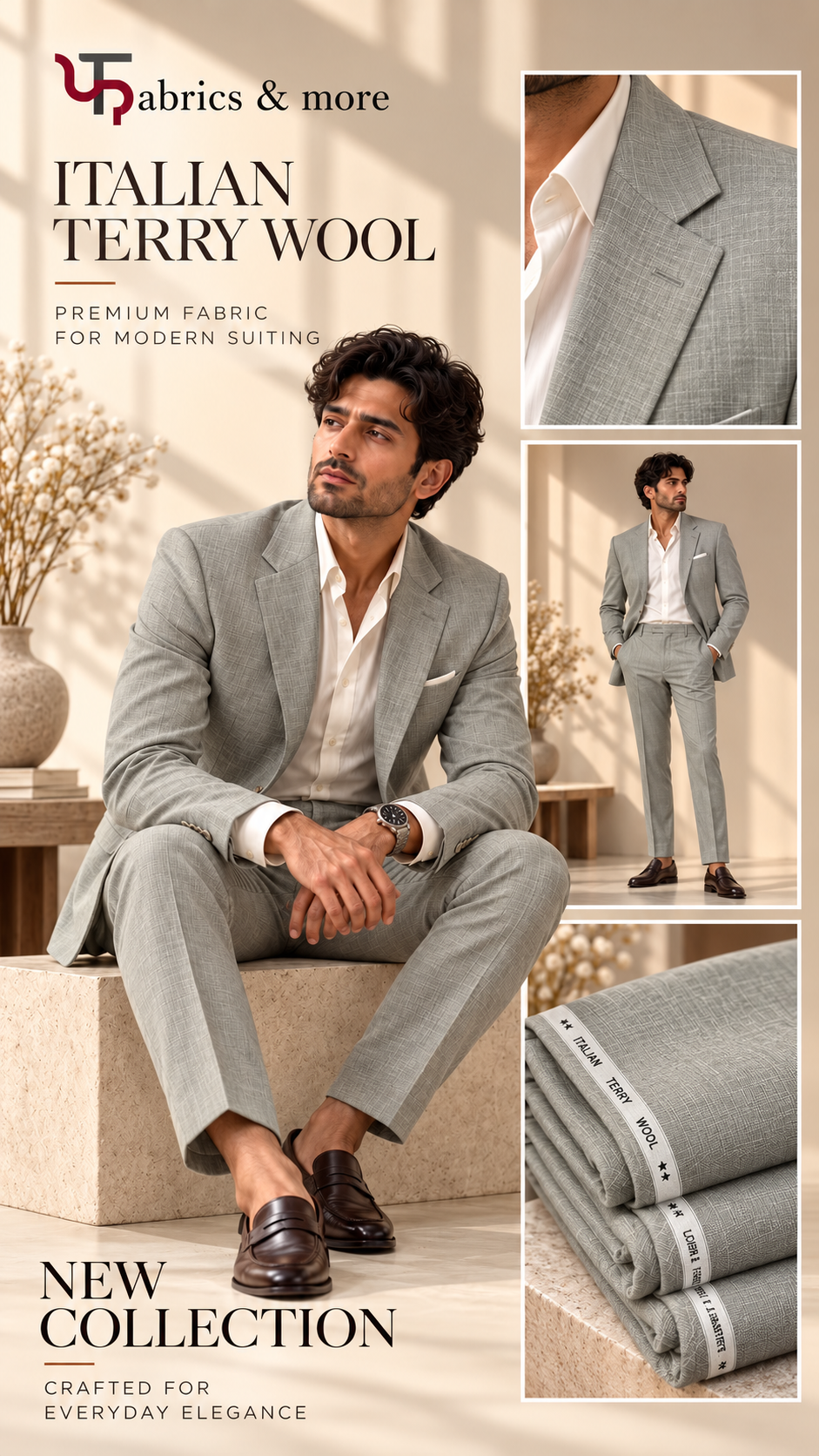 Imported Korean Terry Wool by Johan & Martin – Wrinkle-Free Premium GREY SAGE Suiting Fabric