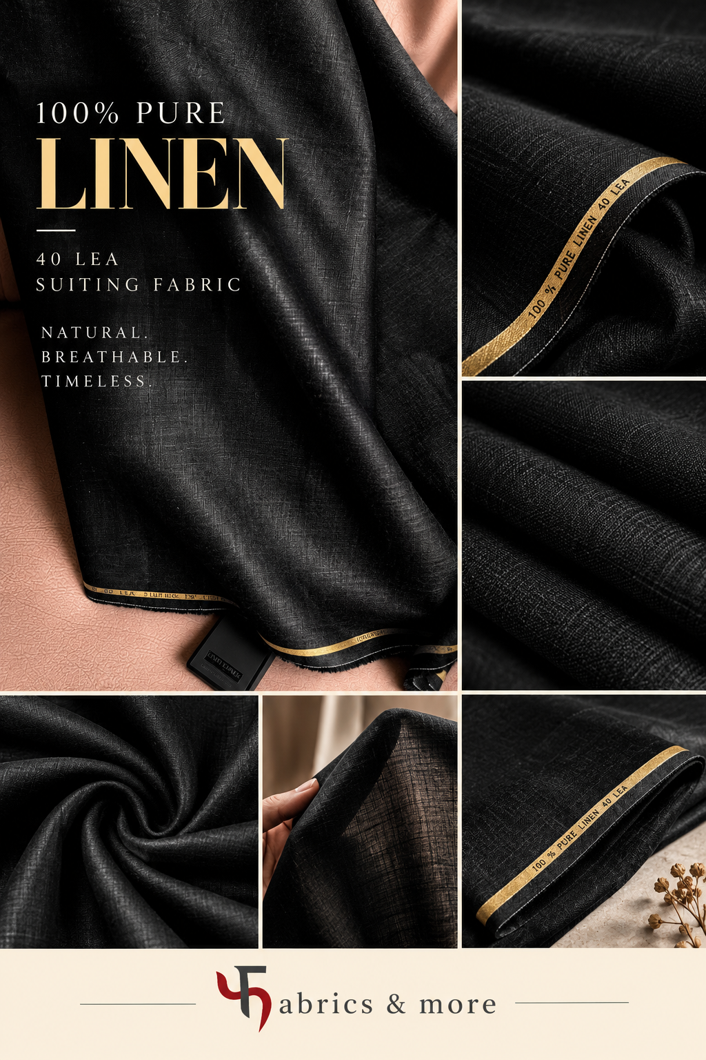 40 Lea 100% Pure Linen Fabric – Premium Black Linen for Elegant Creations for Blazers, Jackets and Pants (40Lea) (0% Cotton)