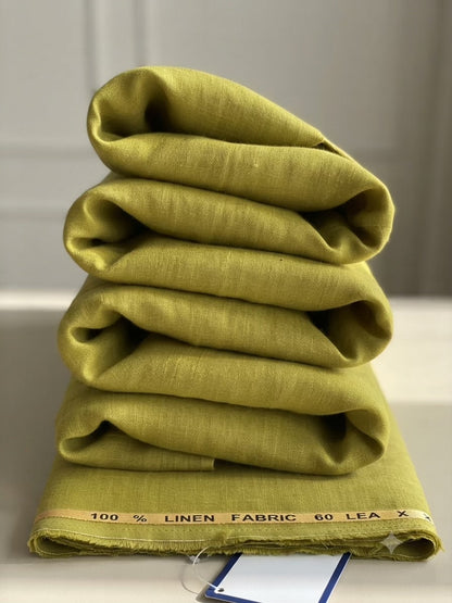 Premium Olive- Yellow  with melange Glow 100% Pure Linen 60 Lea Fabric(0% Cotton)