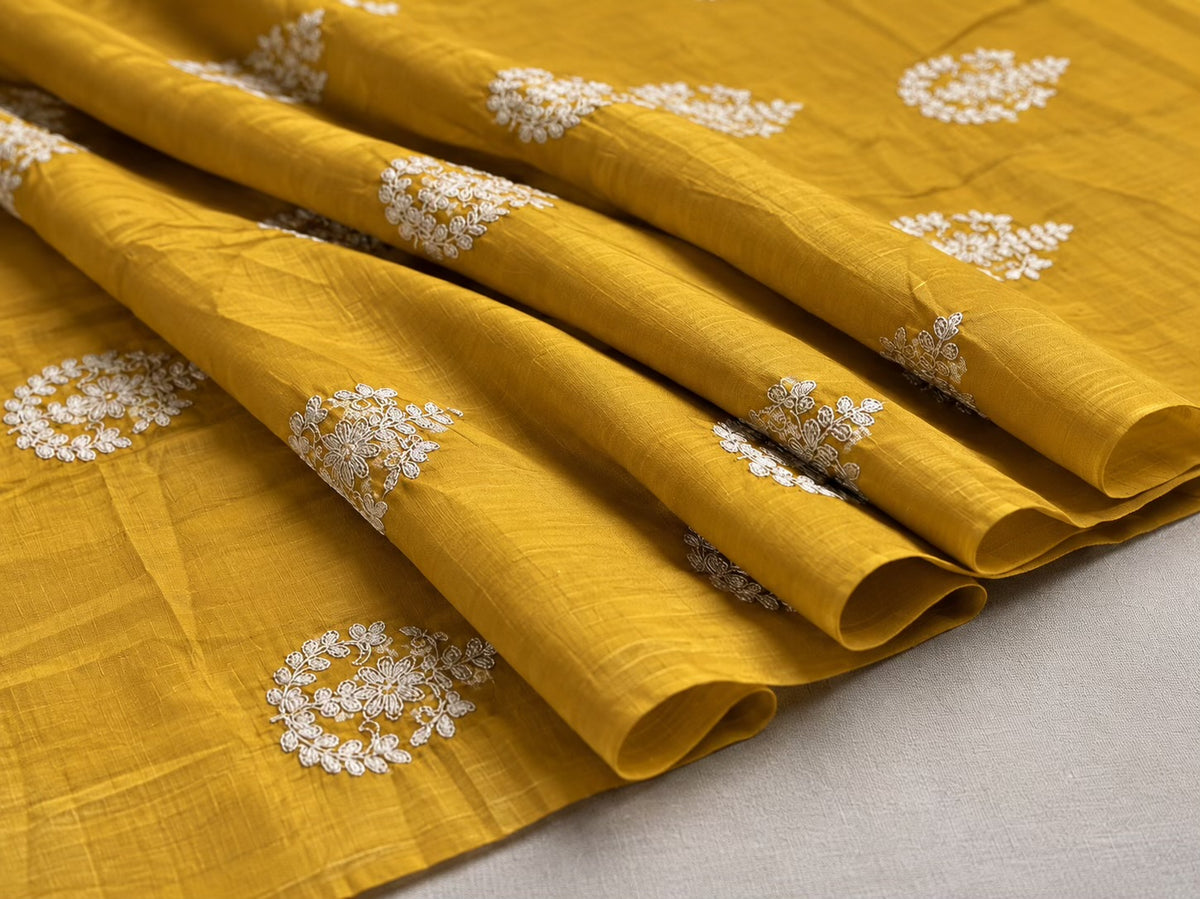 Mustard Yellow Gold Chanderi Fabric with White Dori Motif Embroidery