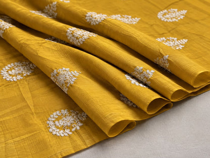 Mustard Yellow Gold Chanderi Fabric with White Dori Motif Embroidery