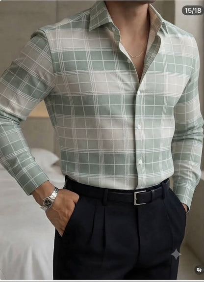 Sage Green & White Checkered 100% Cotton Shirt Fabric - draped to show fall and sheen
