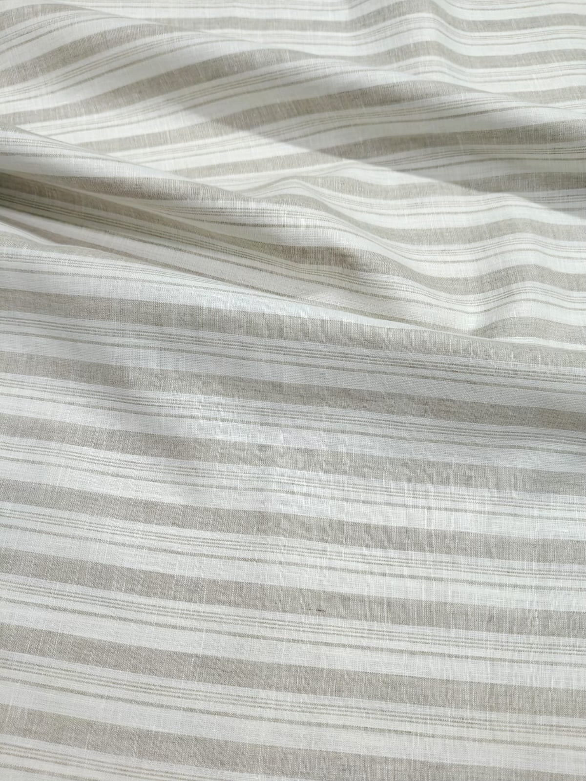 Premium White & Natural Beige 100%Pure Linen 60 Lea Striped Fabric (0% Cotton)