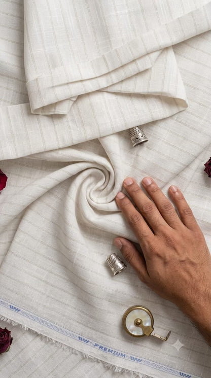 Classic White & Dual-Beige Striped Cotton-Linen Blend Fabric