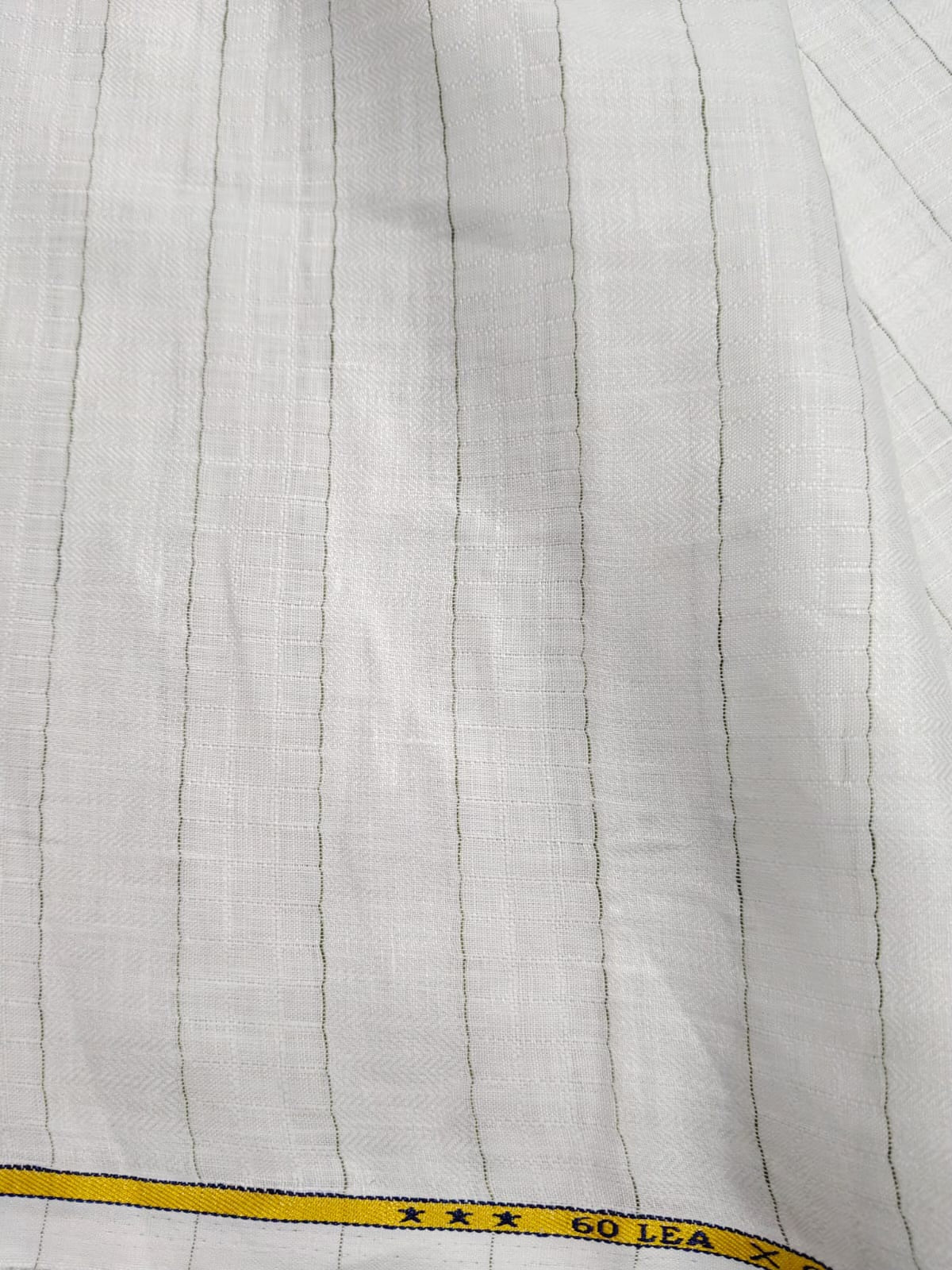 Premium White 100 %Pure Linen 60 Lea Fabric with Herringbone Stripes & Grey Pinstripes (0% Cotton)