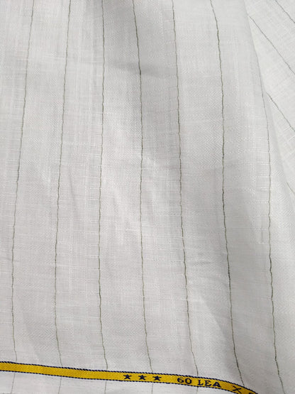 Premium White 100 %Pure Linen 60 Lea Fabric with Herringbone Stripes & Grey Pinstripes (0% Cotton)