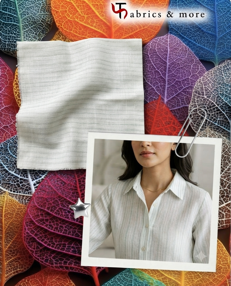Premium White Pure Linen Fabric with Grey & Aqua Pinstripes – 100% Pure Linen Fabric – 60 Lea(0% Cotton)