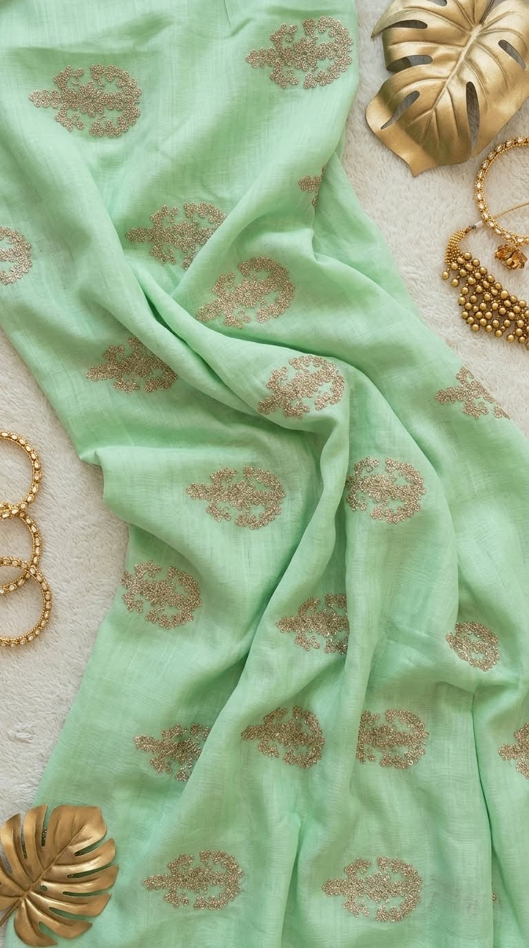 Mint Green Chanderi Fabric with Delicate Golden Cord Embroidery