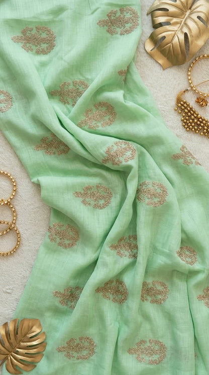Mint Green Chanderi Fabric with Delicate Golden Cord Embroidery