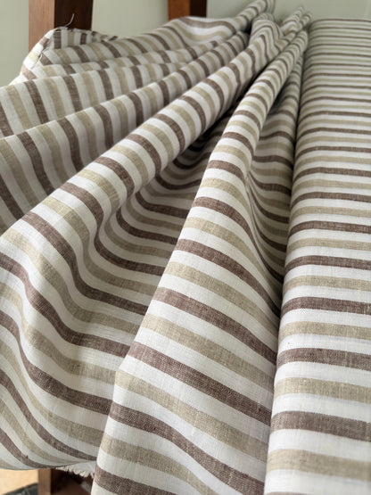 Premium Off-White Brown & Beige Striped 100% Pure Linen Fabric – 60 Lea 100% (0% Cotton)