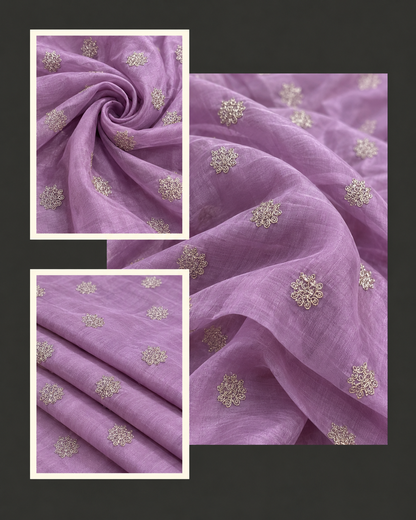 Mauve Lilac Malai Chanderi Fabric Embroidered with Light Golden Glitter Dori