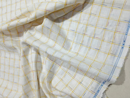 Premium Off-White 100%Pure Linen 60 Lea Fabric with Yellow & Multicolour Checks (0% Cotton)