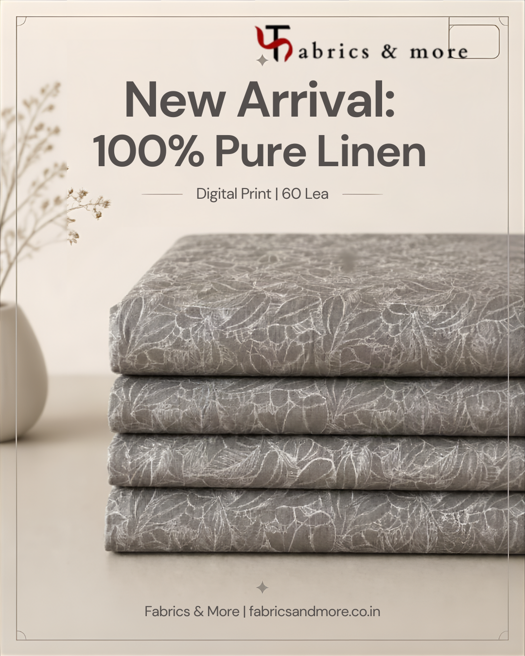 Charcoal Grey Leaf Line-Art Digital Print 100% Pure Linen Fabric 60 Lea (0% Cotton)