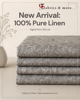 Charcoal Grey Leaf Line-Art Digital Print 100% Pure Linen Fabric 60 Lea (0% Cotton)