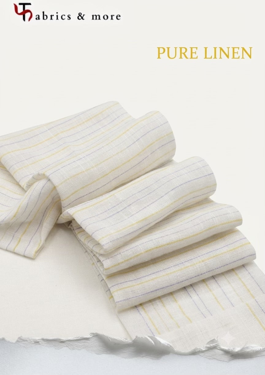 Premium White 100% Pure Linen 60 Lea Stripe Fabric – Yellow & Blue Pinstripes (0% Cotton)